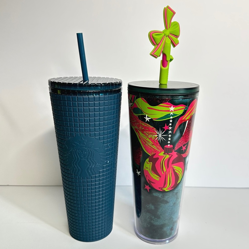 Starbucks Tumbler Set 24oz Blue Grid and 2023‎ Holiday Ornament Venti Excellent
